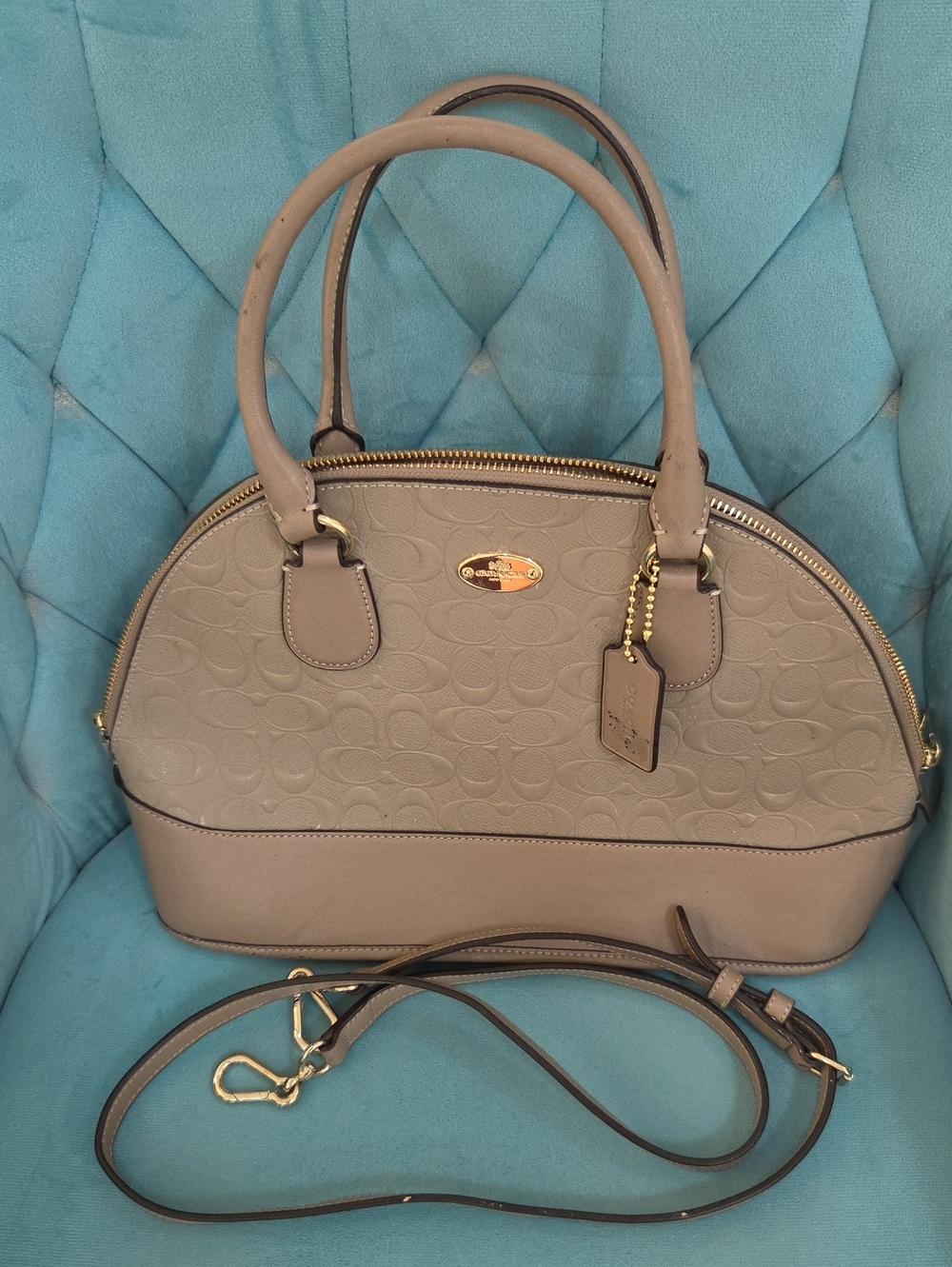 Coach Taupe Embossed Dome Satchel with Gold Accents